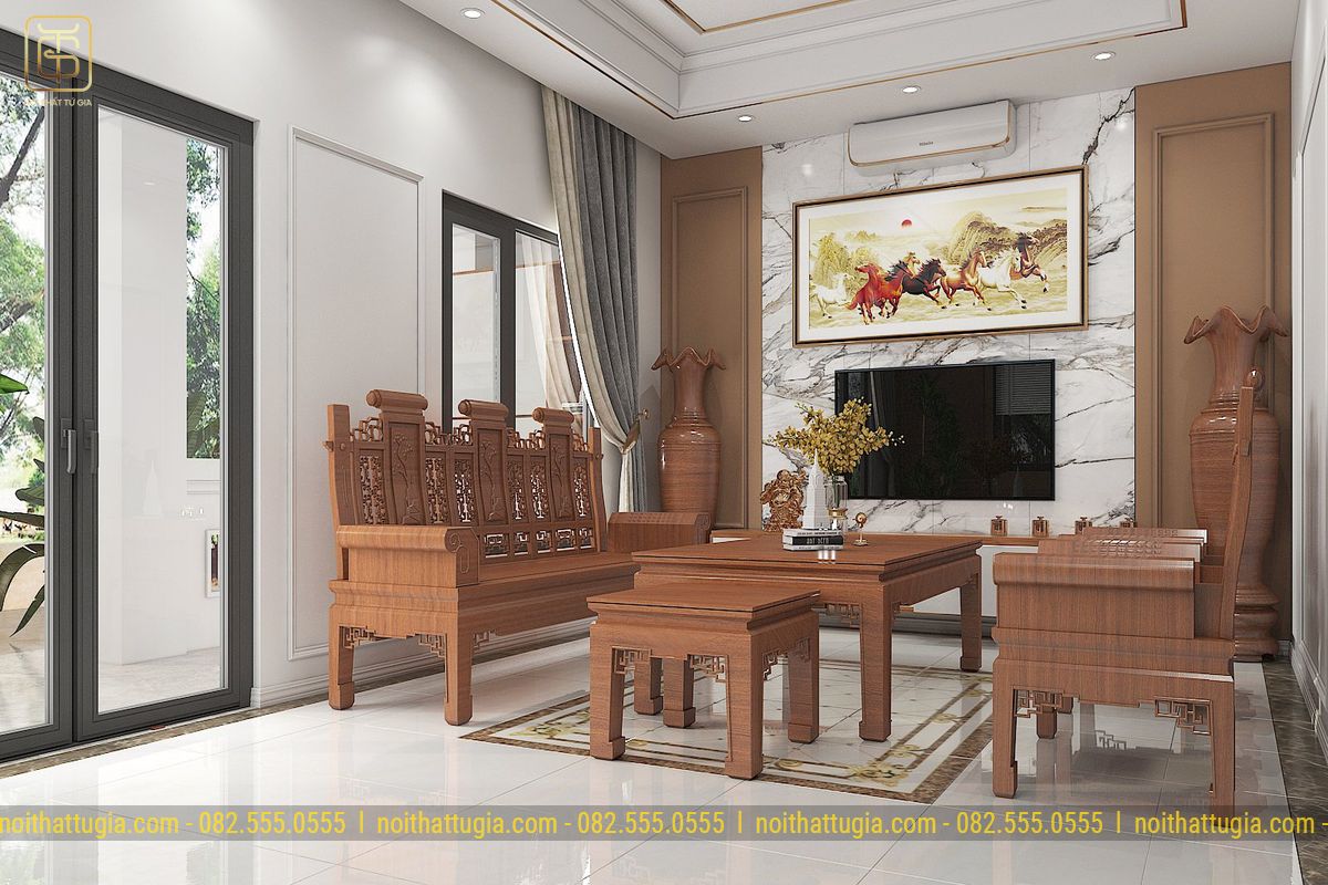 Phòng khách uy nghi với bộ ghế gỗ sang trọng mang họa tiết truyền thống