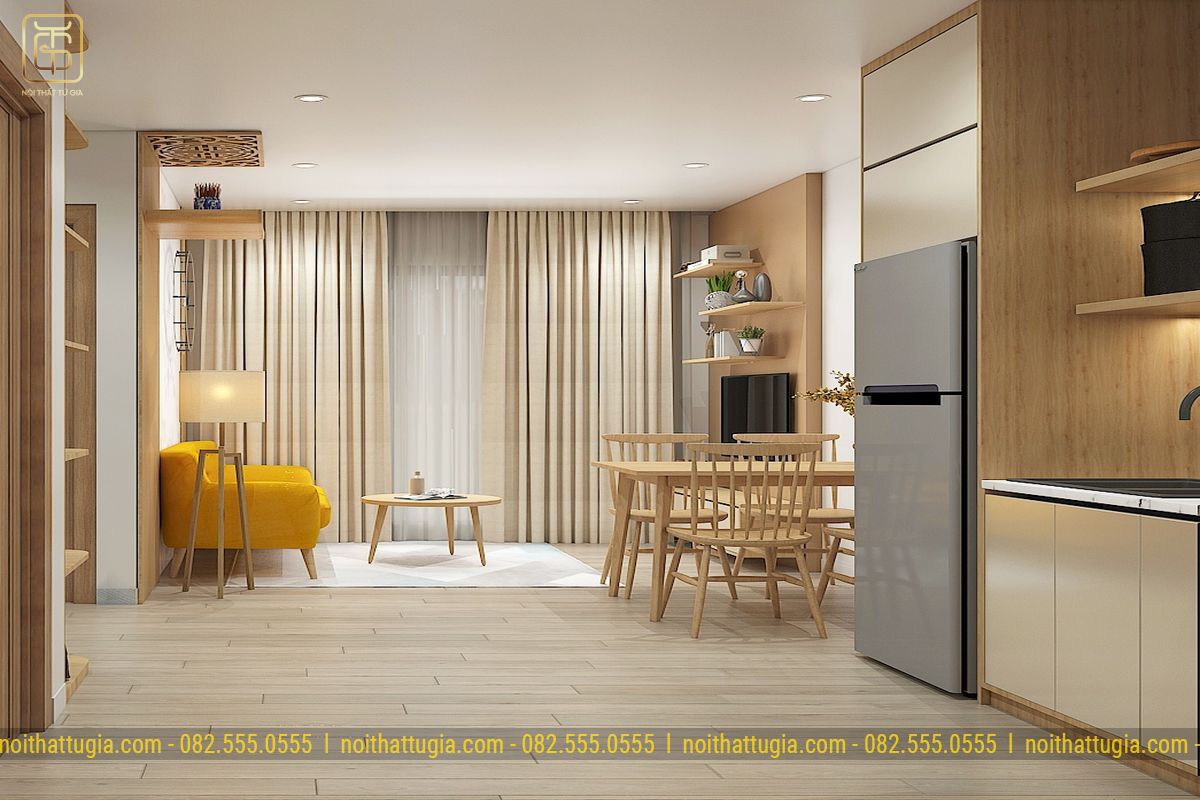 Phòng khách và bếp tạo ra không gian mở rộng rãi cho căn hộ 