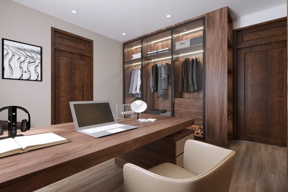 Phòng làm việc được thiết kế rộng rãi trong không gian phòng ngủ