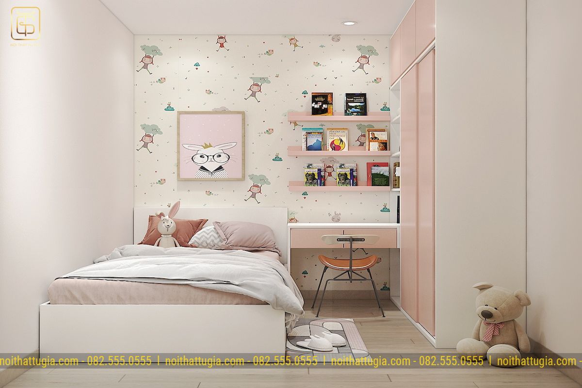 Phòng ngủ 10m2 cho con gái nhỏ được thiết kế theo phong cách hiện đại với họa tiết đơn giản tiện nghi