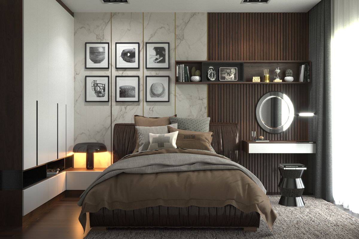 Phòng ngủ 15m2 với thiết kế đơn giản tiện nghi tông màu cực kỳ ấm cúng