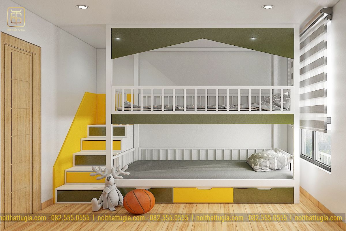 Phòng ngủ 2 bé được thiết kế đơn giản tiện nghi với nội thất thông minh kết hợp