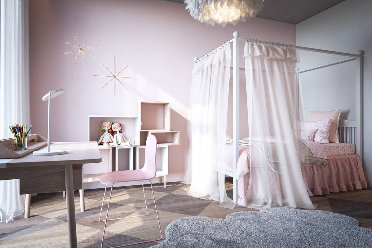 Phòng ngủ ấn tượng tinh tế với tông màu hồng kết hợp với chất liệu nhẹ nhàng mềm mại tạo không gian tinh tế tiện nghi