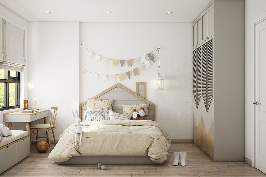 Phòng ngủ bé gái 9 tuổi với tông màu trắng kết hợp điểm nhấn là bức tranh tường đầu giường ấn tượng