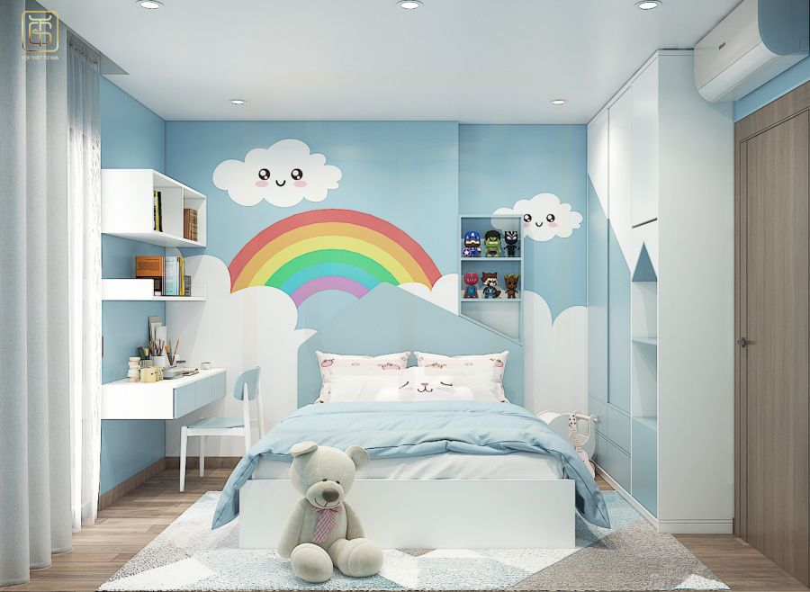 Phòng ngủ bé gái tone màu xanh da trời ấm áp, thoải ,mái 