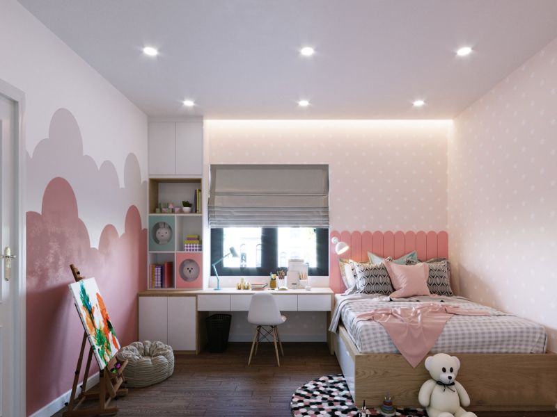 Phòng ngủ bé gái với chiếc giường đơn và họa tiết màu hồng thơ mộng
