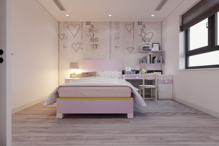 Phòng ngủ bé với diện tích 15m2 kết hợp tông màu hồng nhã nhặn