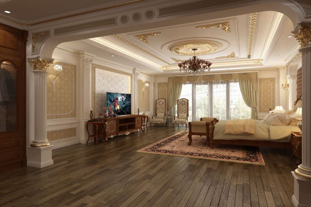 Phòng ngủ biệt thự tân cổ điển cực rộng rãi với sàn gỗ tự nhiên