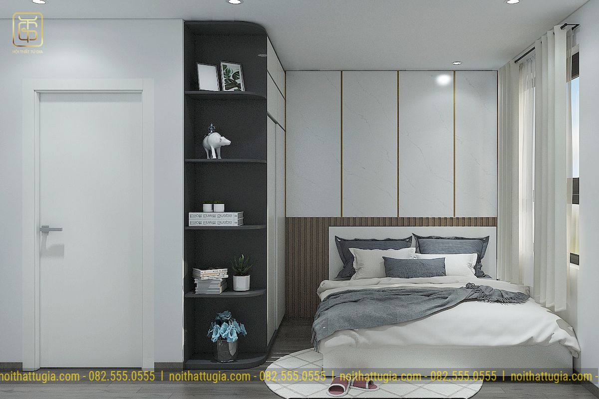 Phòng ngủ chính trai với tông màu tối giản tiện nghi 