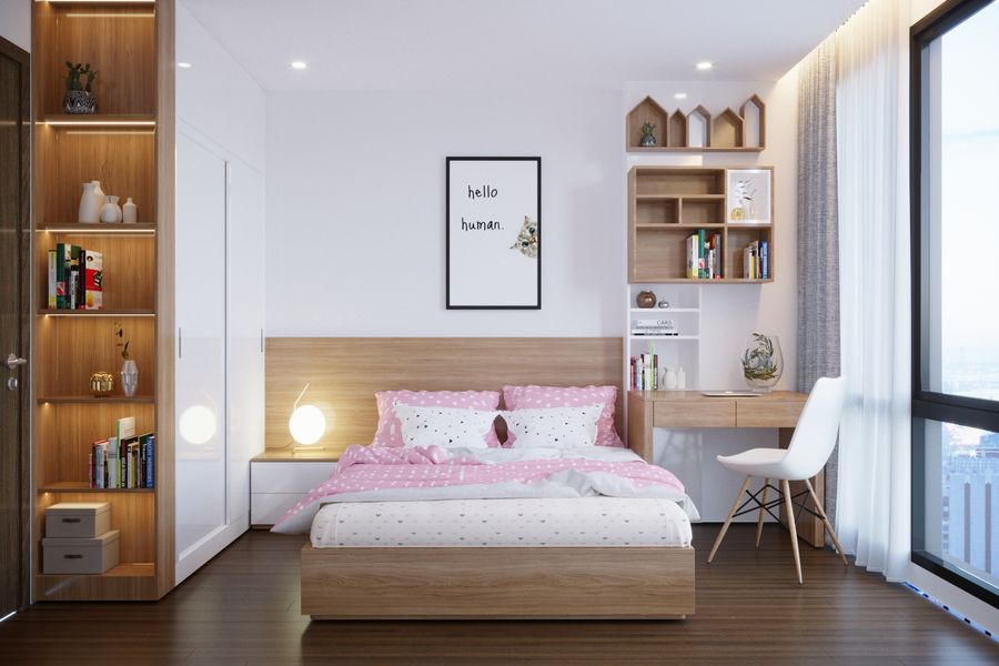 Phòng ngủ cho bé gái với tông màu trắng kết hợp hồng của chăn ga giường tạo tổng thể hài hòa tinh tế