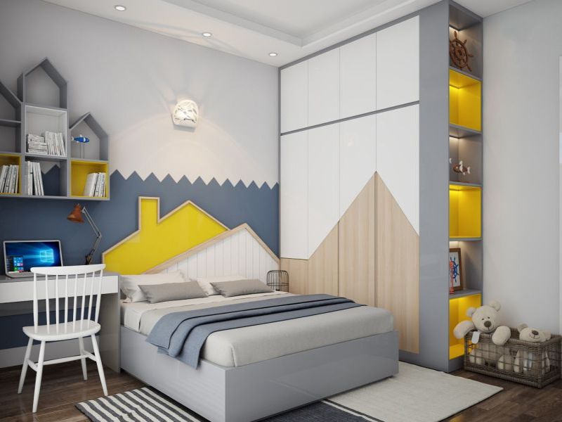 Phòng ngủ cho bé trai hiện đại, độc đáo với gam màu trắng - vàng - xanh hiện đại