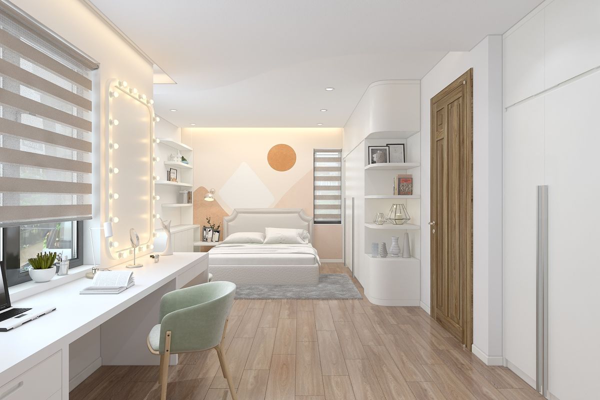 Phòng ngủ cho bé với diện tích 30m2 rộng về chiều dài kết hợp với việc bố trí nội thất tinh tế tạo không gian học tập vui chơi thoải mái nhất