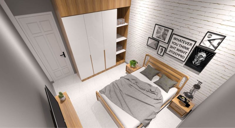 Phong ngủ cho bố mẹ được thiết kế gam màu xám, trắng kết hợp với nội thất bằng gỗ hiện đại và bền đẹp