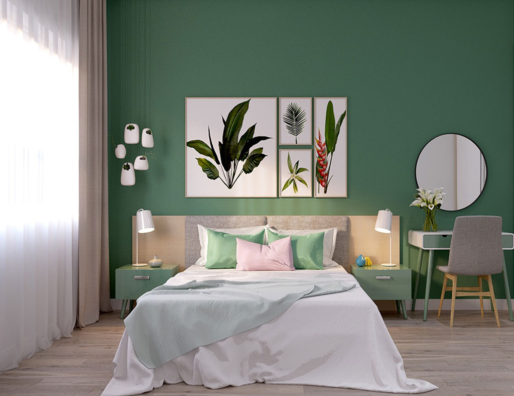 Phòng ngủ cho nữ đẹp màu xanh rêu