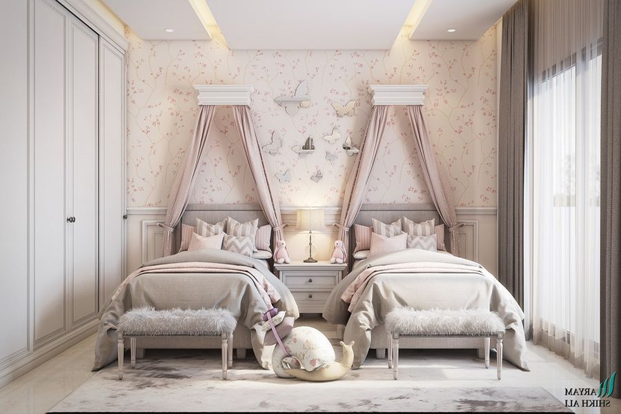 Phòng ngủ chung của 2 bé gái được thiết kế ấn tượng tinh tế từ các sử dụng nội thất đến decor