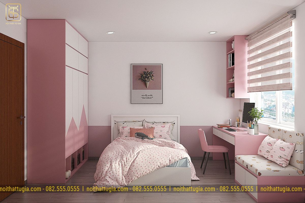 Phòng ngủ con gái nhẹ nhàng với tông màu hồng