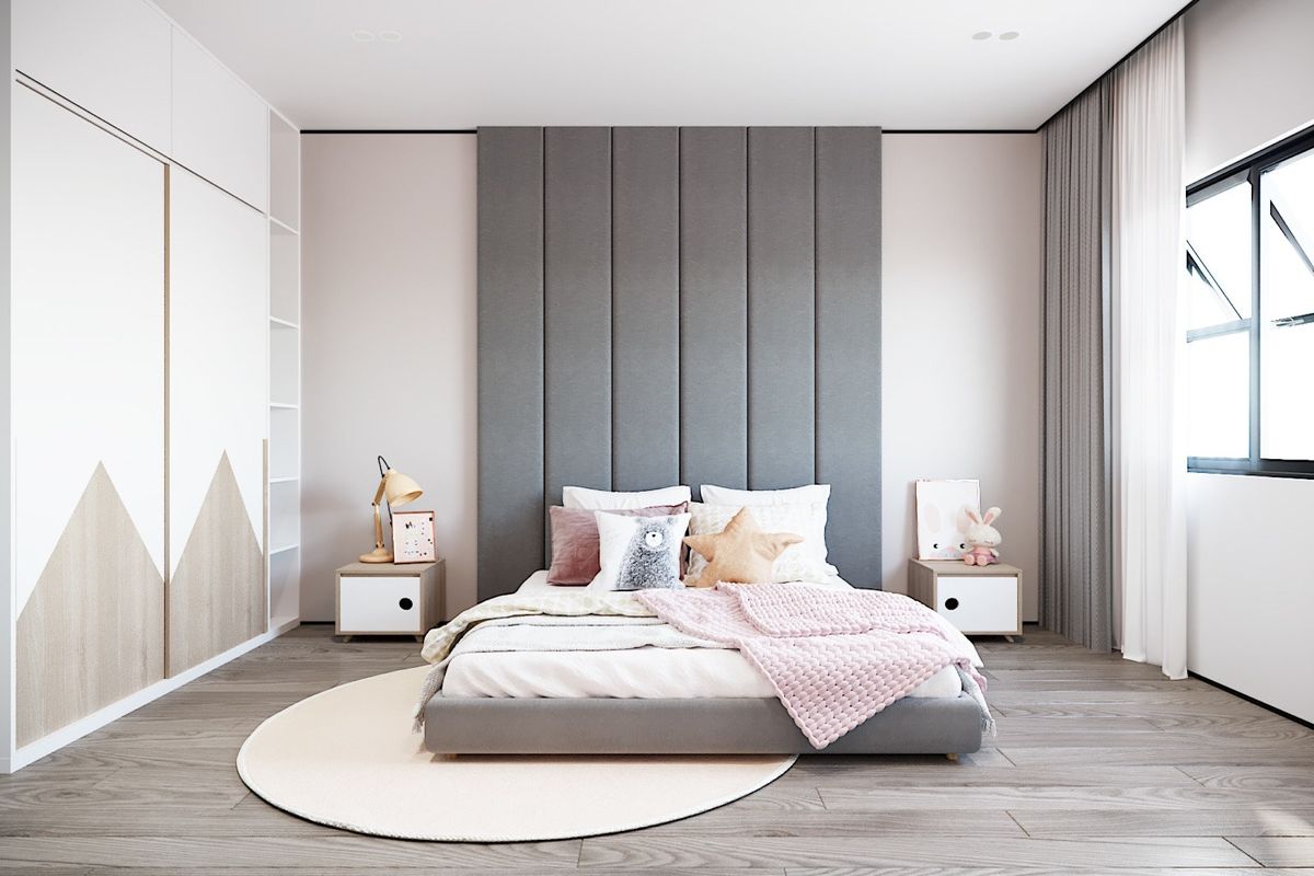 Phòng ngủ con gái với tông màu hồng kết hợp trắng xám tạo không gian rộng rãi hài hòa và tinh tế nhất