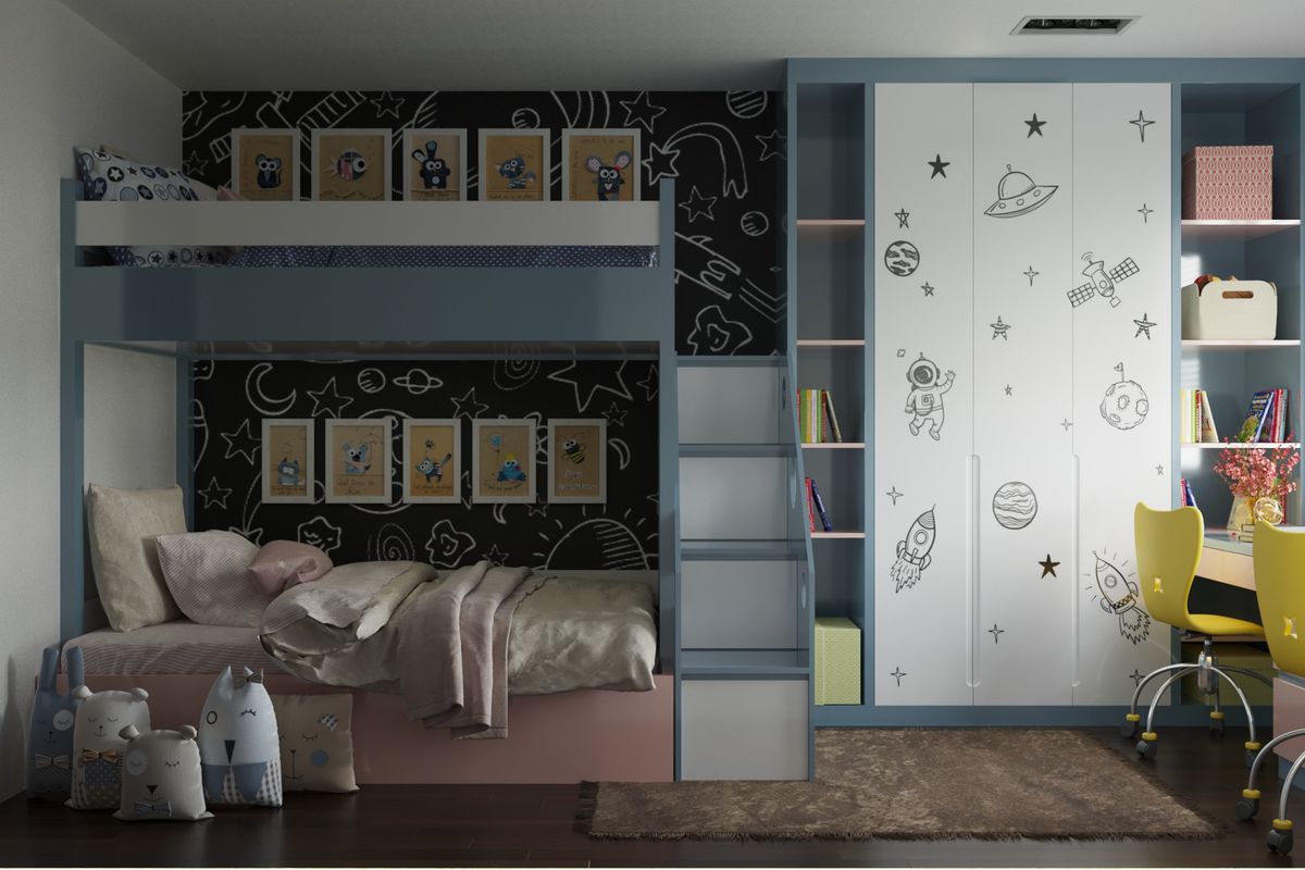 Phòng ngủ của 2 bé thiết kế đơn giản với giường tầng thông minh