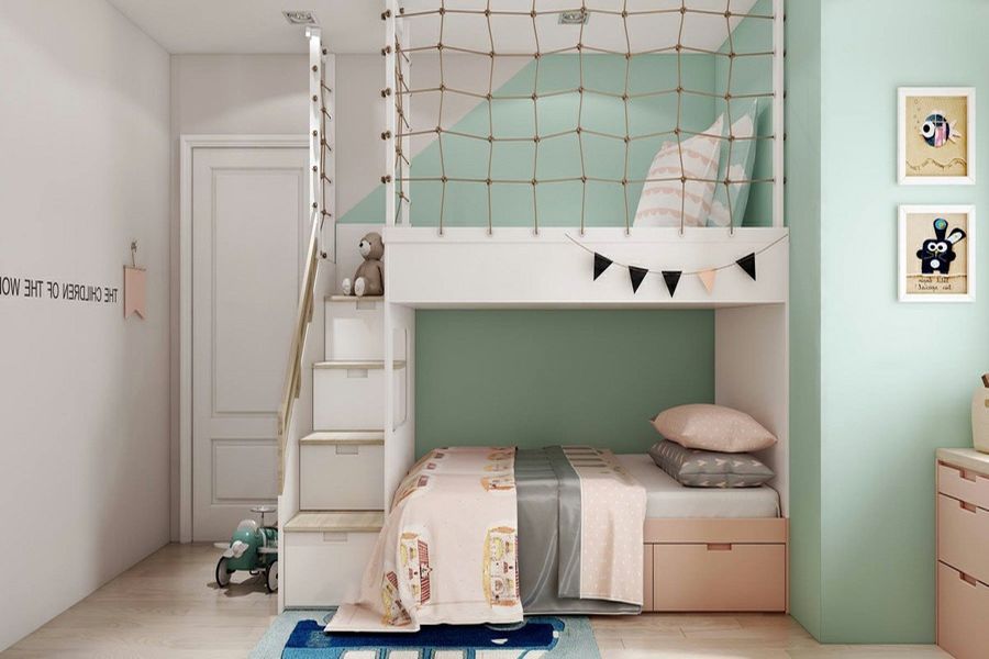 Phòng ngủ của 2 con gái với thiết kế thông minh giường tầng tiện nghi thoải mái cho các bé