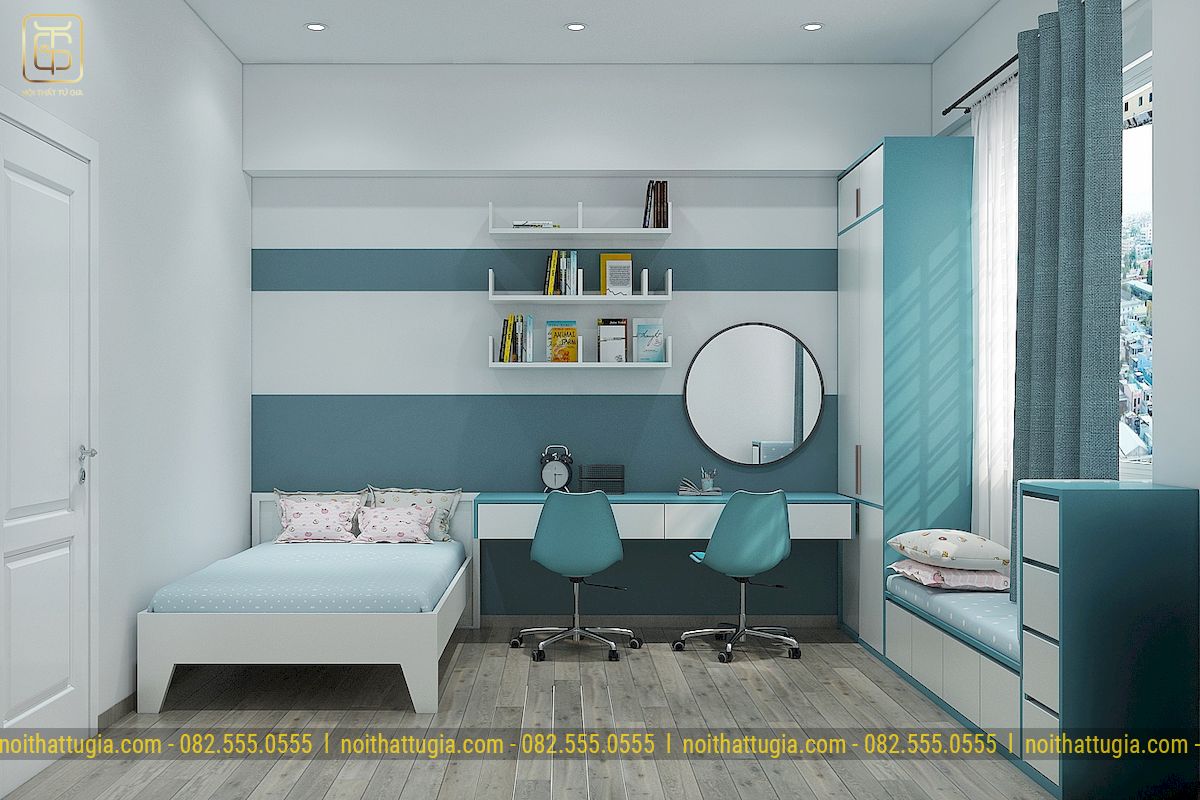 Phòng ngủ của bé được thiết kế ấn tượng với tông màu xanh nhẹ