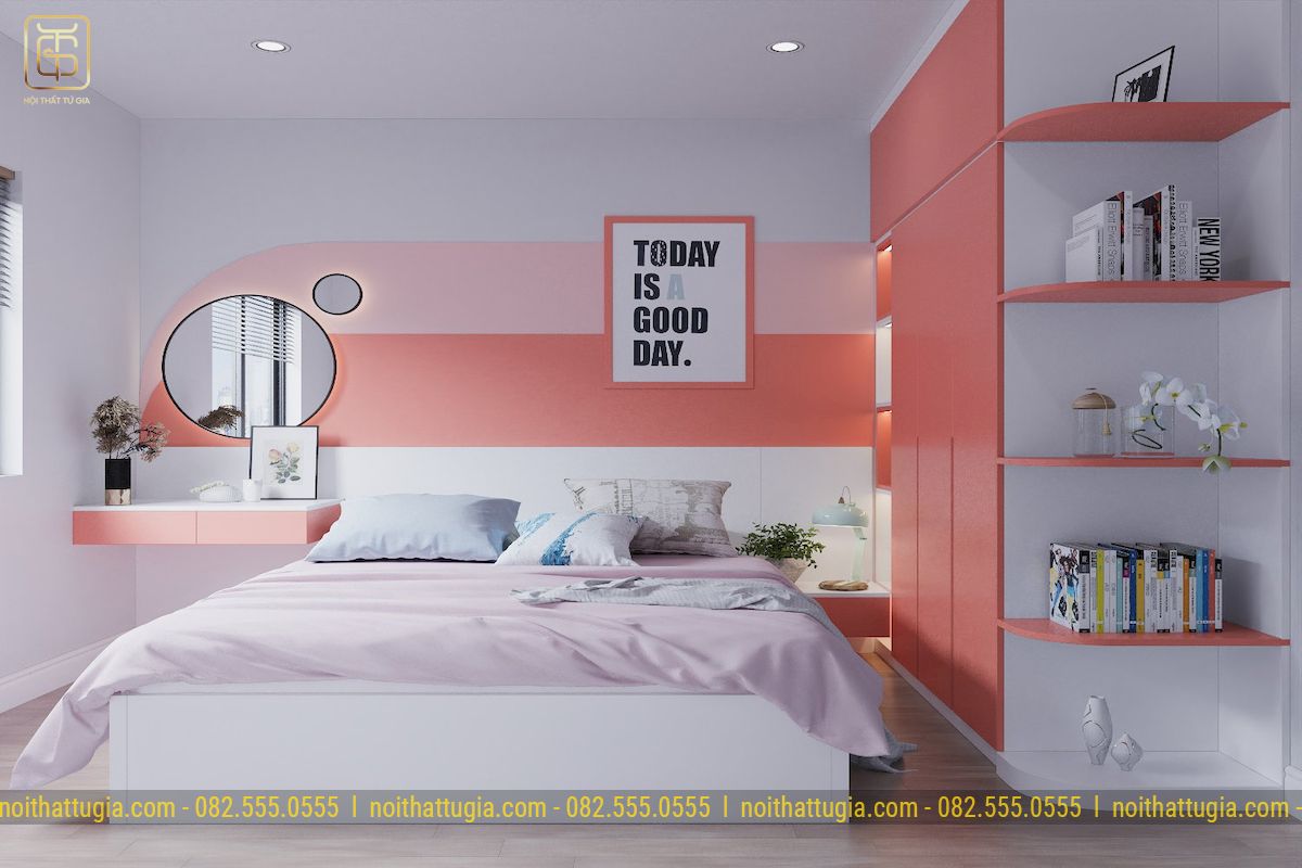 Thiết kế nội thất căn hộ 2 phòng ngủ với phòng ngủ dễ thương và ấn tượng với gam màu hồng neon