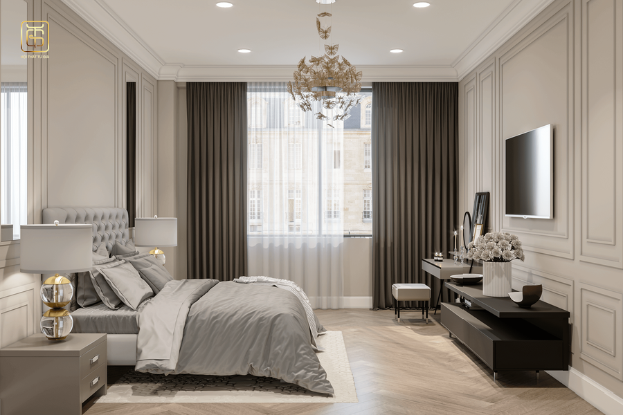 Phòng ngủ đẹp cho nữ tông màu trắng được thiết kế sang trọng nổi bật trong không gian đậm chất hoàng gia