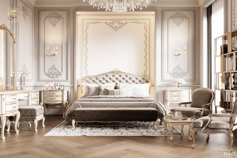 Nội thất phòng ngủ nữ được thiết kế với tông màu trắng kết hợp phào chỉ vàng ánh kim ấn tượng