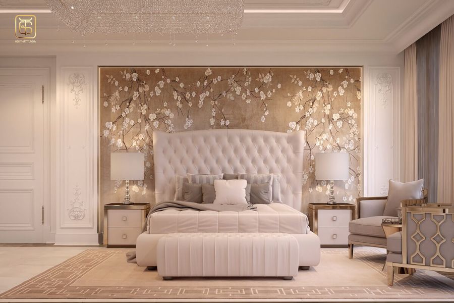 Phòng ngủ trắng cho nữ tông màu trắng với điểm nhấn từ thảm trải sàn