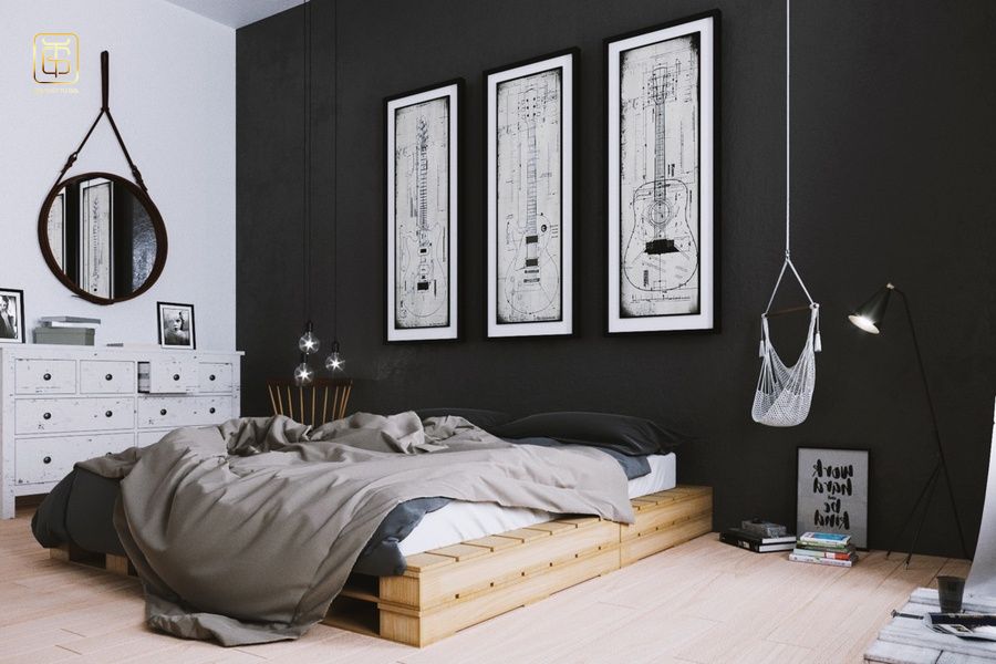 Phòng ngủ màu trắng cho nữ kết hợp độc đáo giữa tông trắng và đen cá tính