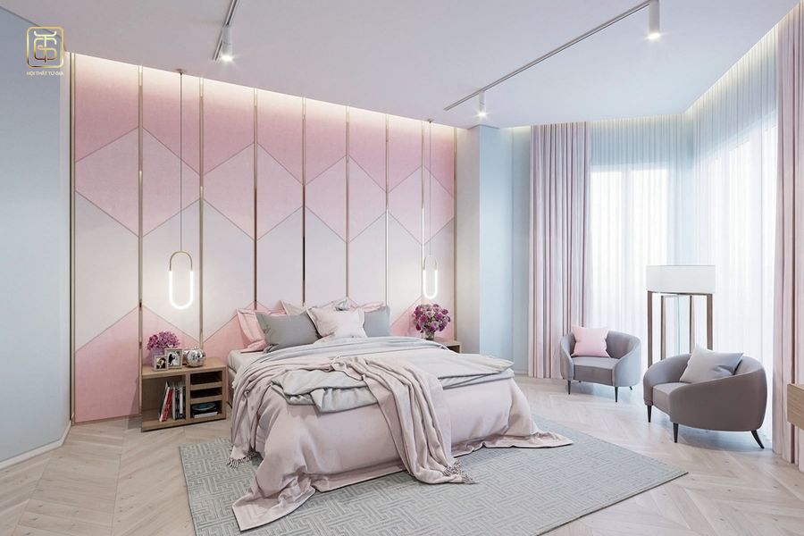 Phòng ngủ màu hồng kết hợp hài hòa với điểm nhấn từ đường chỉ đồng sang trọng
