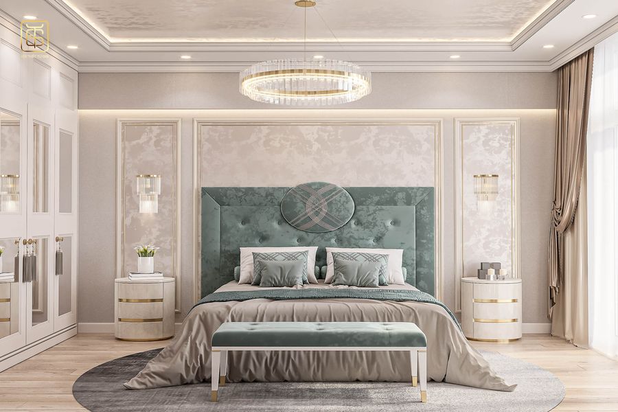 Phòng ngủ cho nữa màu trắng kết hợp với xanh tạo cảm giác ấm áp nhẹ nhàng