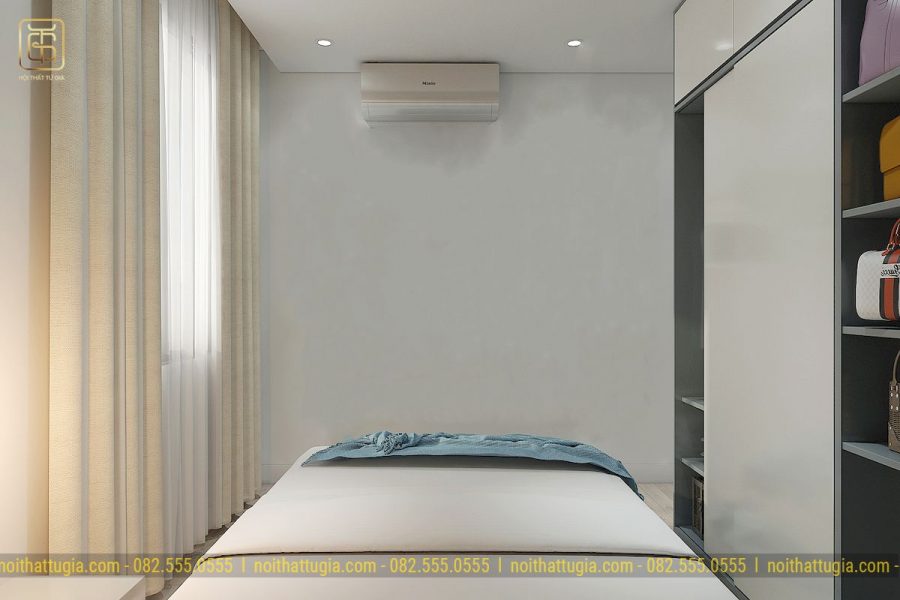 Phòng ngủ được thiết kế đơn giản tiện nghi với tủ quần áo kịch trần kết hợp bàn trang điểm tinh tế nội thất tứ gia