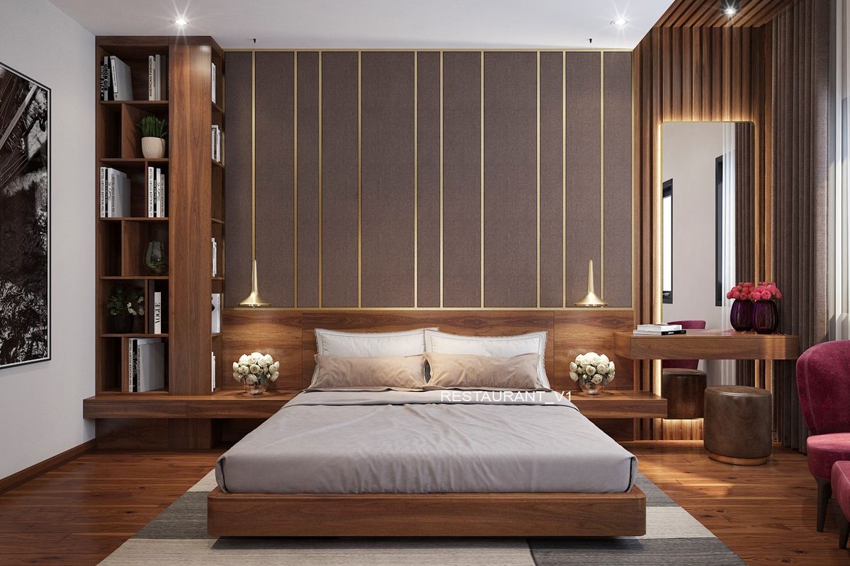 Phòng ngủ được thiết kế hiện đại với gỗ óc chó tông màu nâu đặc trưng