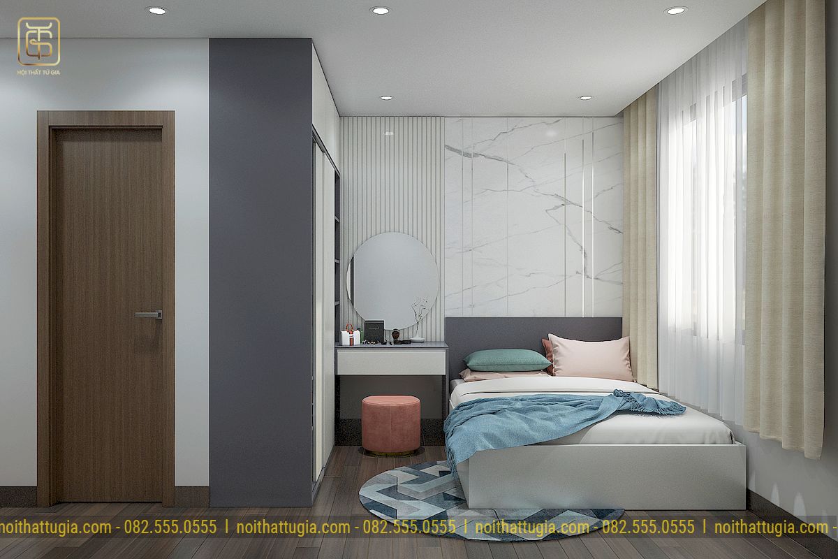 Phòng ngủ được thiết kế với hệ thống nội thất đơn giản đa năng