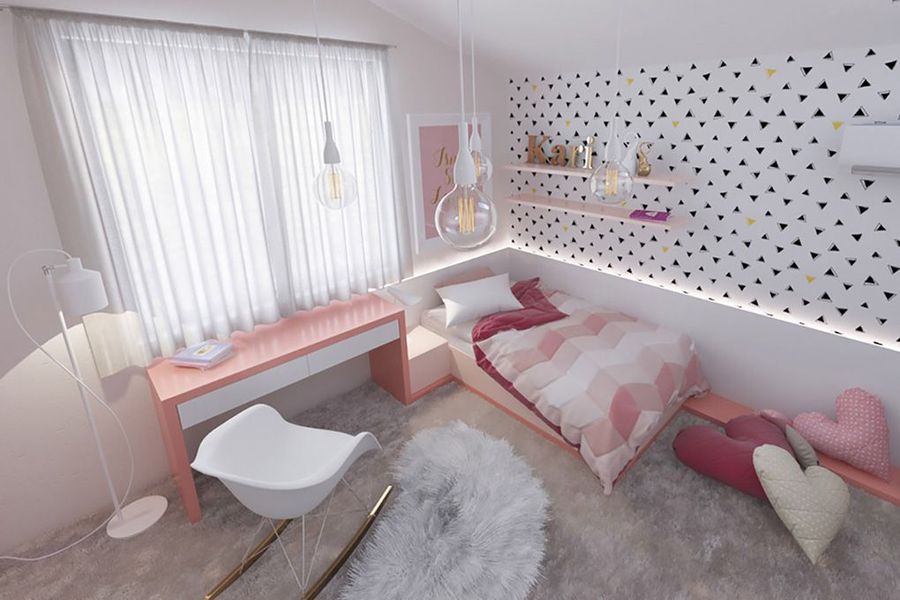 Phòng ngủ hiện đại đơn giản cho bé gái 6 tuổi với tông màu hồng trắng kết hợp nội thất thiết kế đơn giản nhẹ nhàng