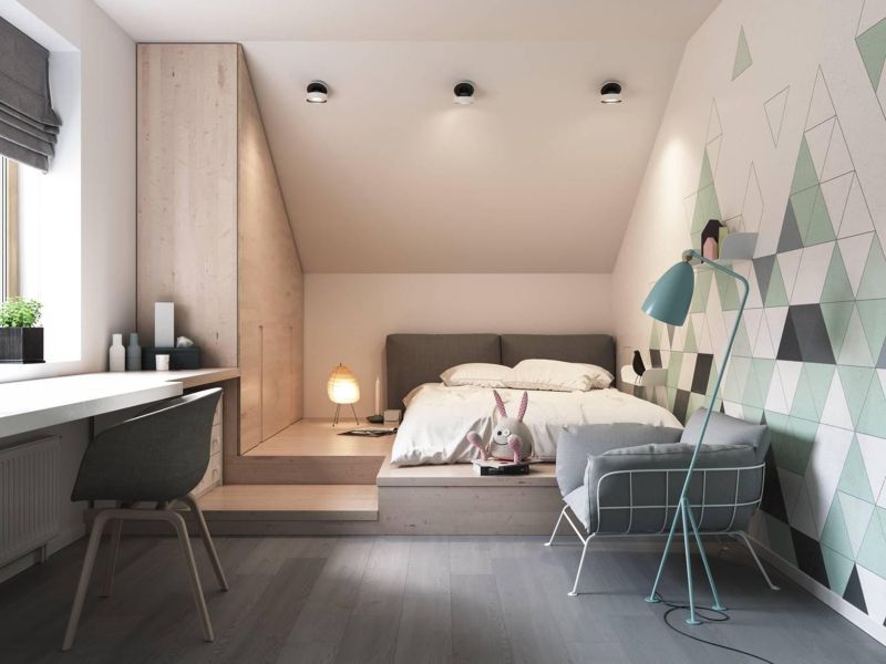 Phòng ngủ không giường hiện đại với tone màu trắng phối xanh lá độc đáo và thoải mái