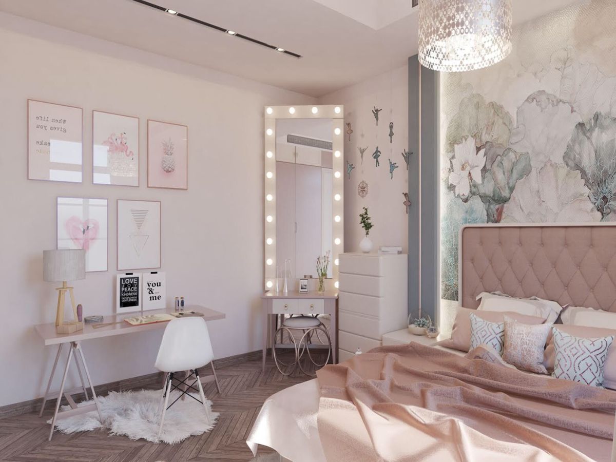 Phòng ngủ lãng mạn với tone màu hồng và đèn trần độc đáo, tinh tế và sáng sủa