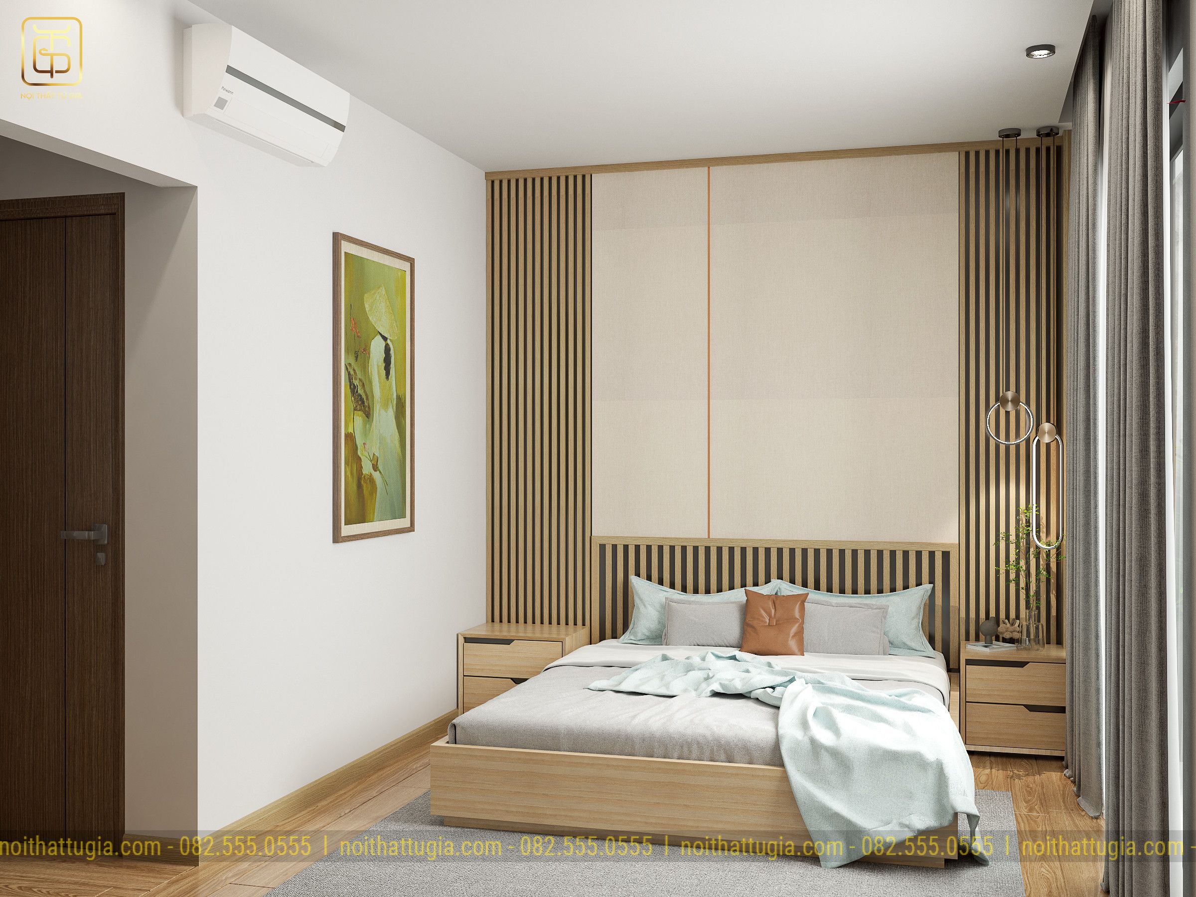 Phòng ngủ master được thiết kế đơn giản đầy đủ nội thất