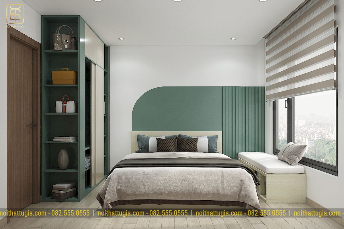 Phòng ngủ master được thiết kế với tông màu xanh nổi bật