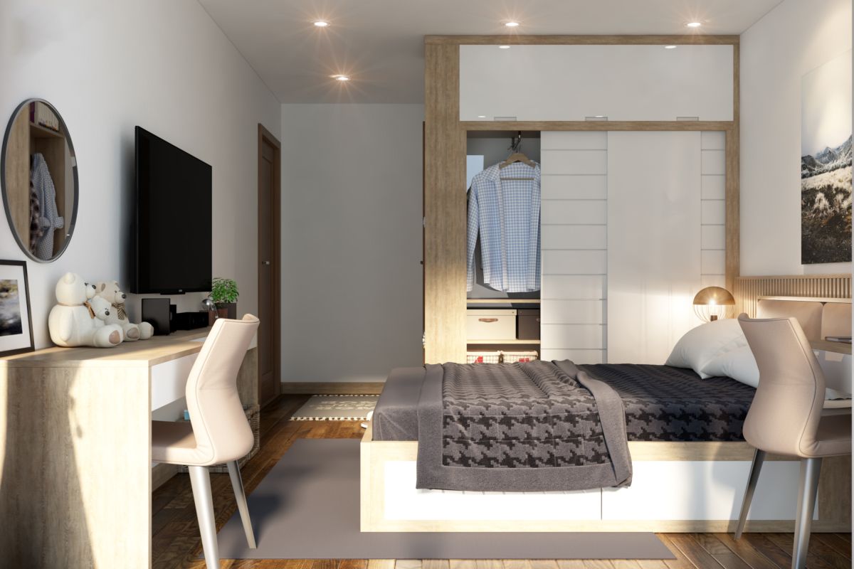 Phòng ngủ master nhỏ được thiết kế gọn gàng, ngắn nắp và vẫn đảm bảo sự thoải mái, tinh tế
