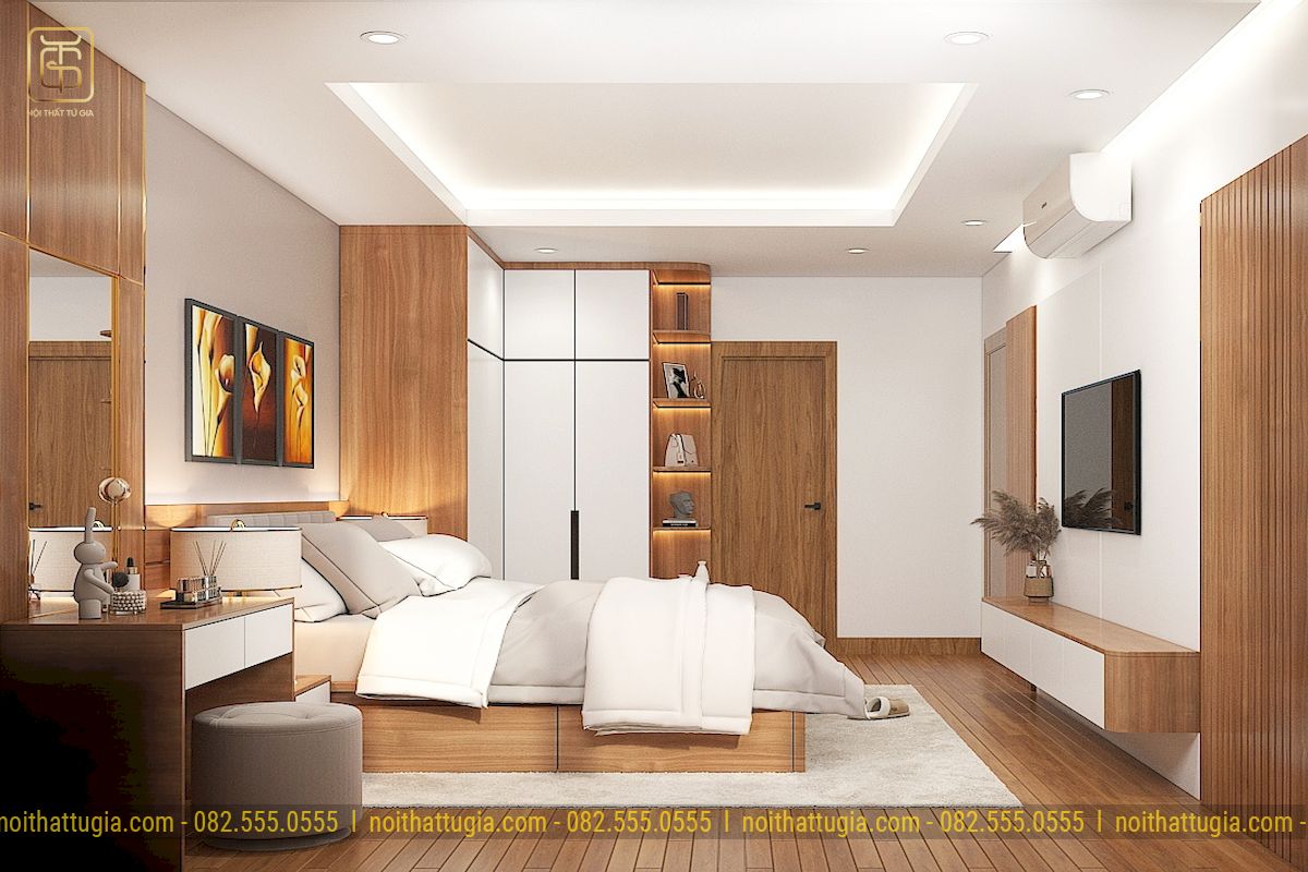 Phòng ngủ master với đầy đủ nội thất tiện nghi với tông màu gỗ tạo không gian ấm cúng