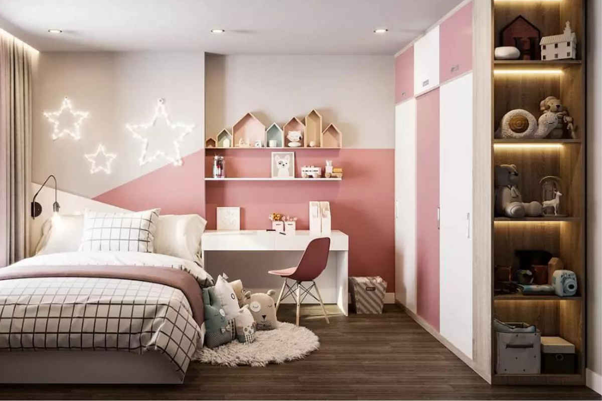 Phòng ngủ màu hồng trắng cho bé gái tự lập
