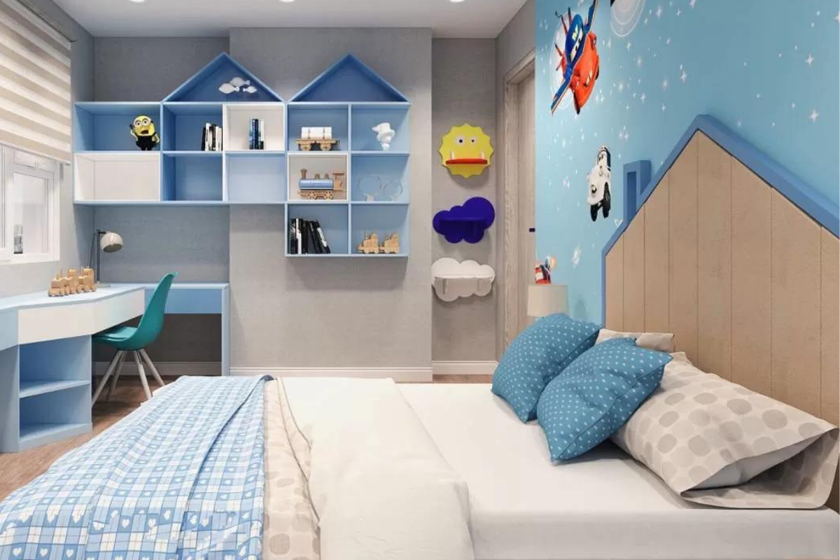 Phòng ngủ màu xanh dương chuột hoạt hình cho bé trai