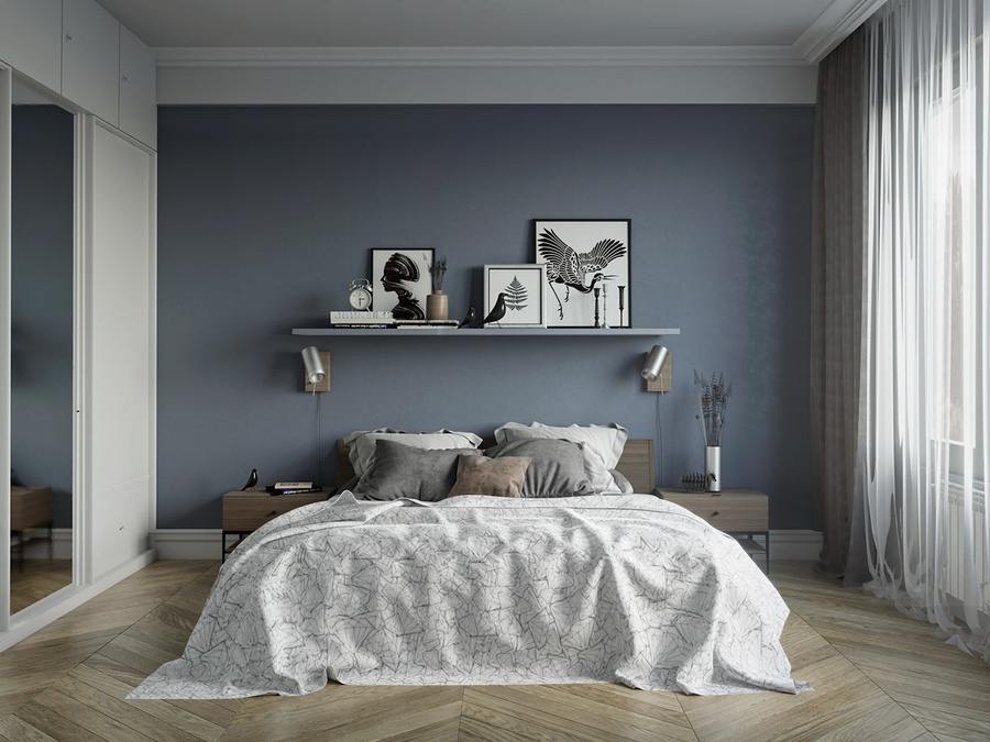 Phòng ngủ màu xanh ghi độc đáo 