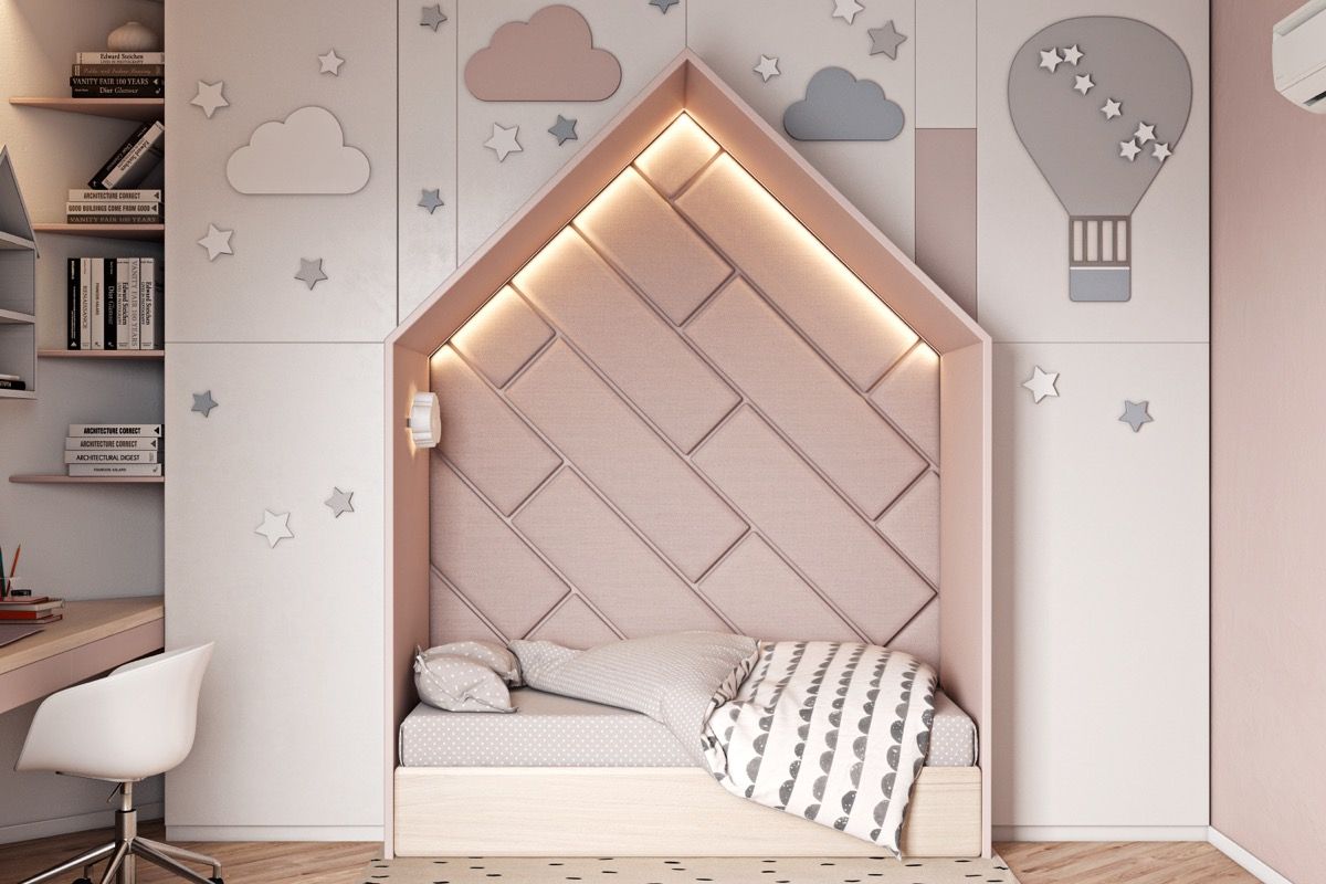 Phòng ngủ nho cho bé được trang trí ấn tượng với tông màu nhẹ nhàng kết hợp họa tiết tinh tế ấn tượng