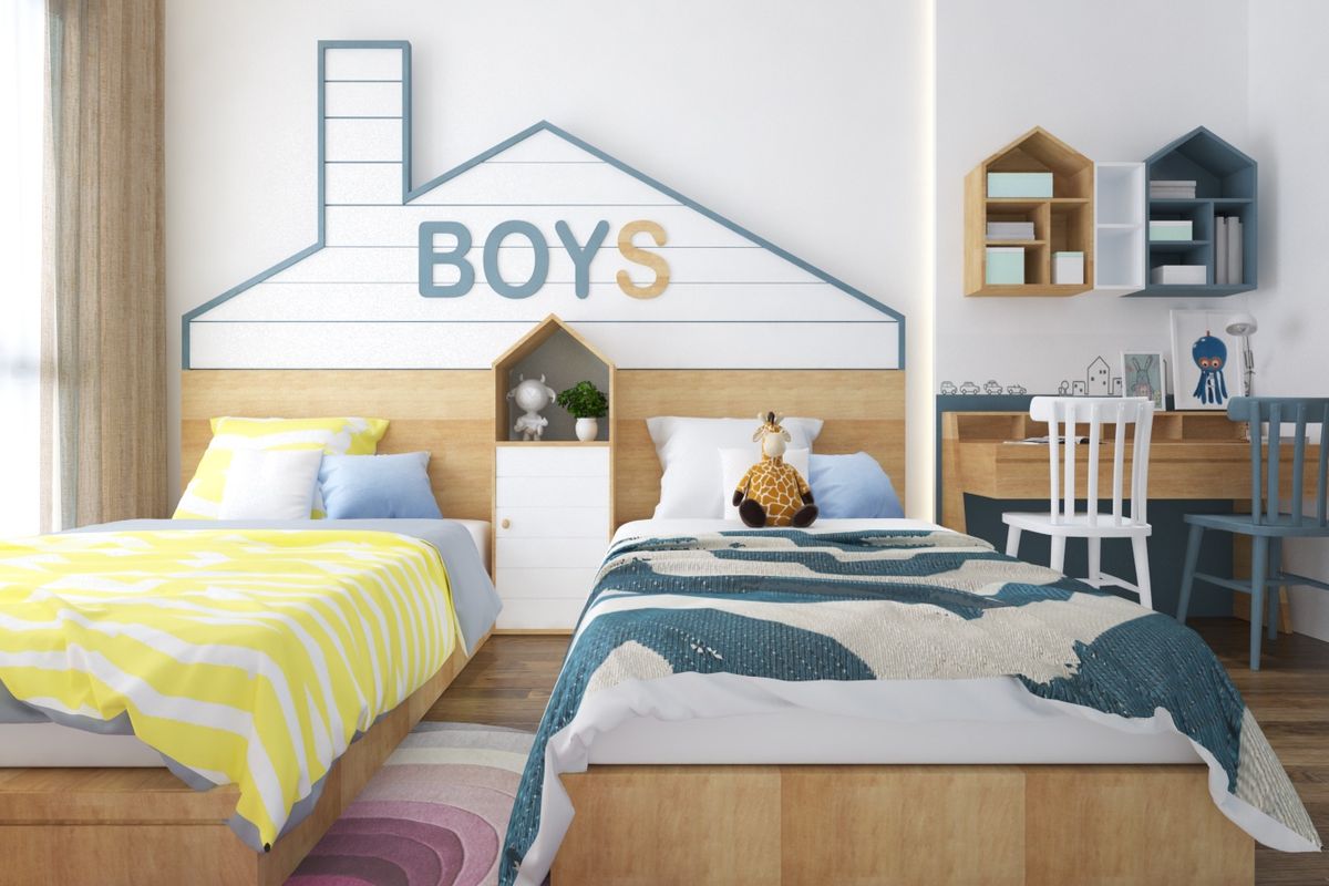 Phòng ngủ nhỏ có 2 bé trai được thiết kế ấn tượng đặc biệt là các bố trí lựa chọn nội thất và decor cho phòng ngủ 2 bé