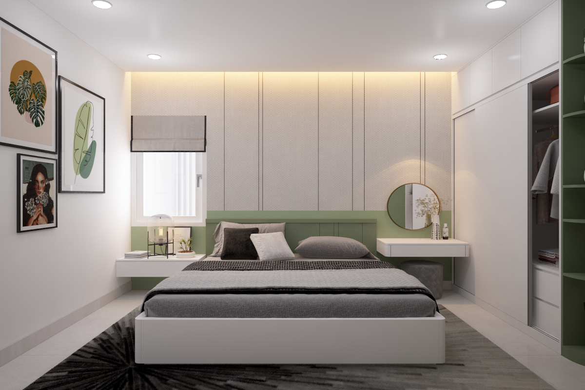 Phòng ngủ nhỏ thiết kế đơn giản tiện nghi với tông màu sáng nhẹ nhàng độc đáo