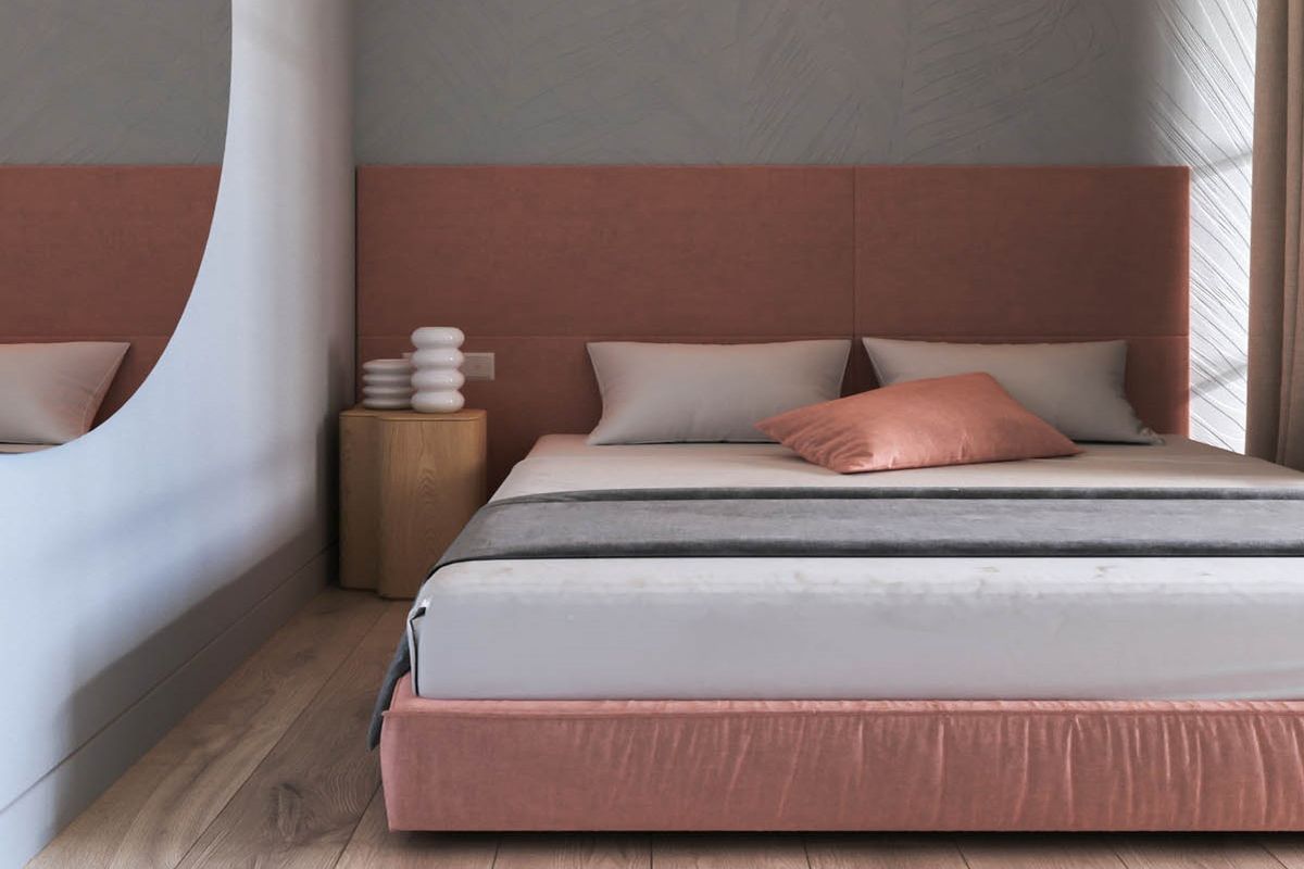 Phòng ngủ nhỏ tinh tế với tông màu hồng kết hợp xanh với điểm nhấn là mảng màu sắc đầu giường cực kỳ ấn tượng