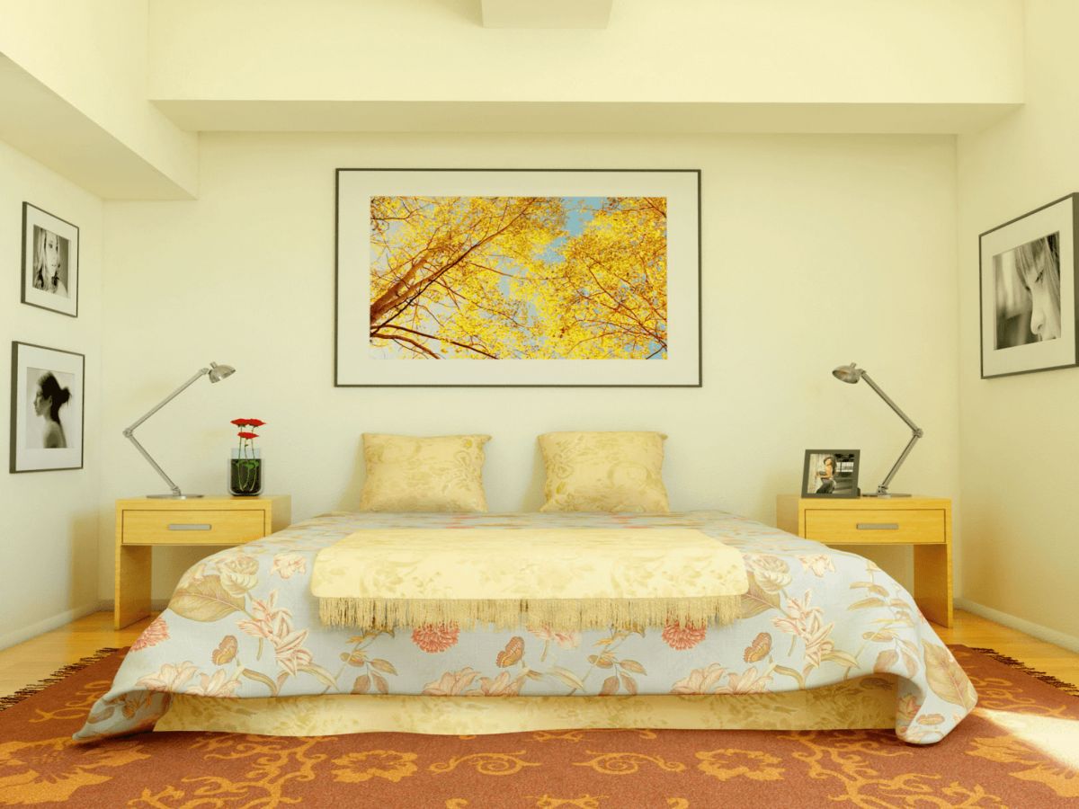 Phòng ngủ phong cách vintage màu vàng sáng sủa và rộng rãi