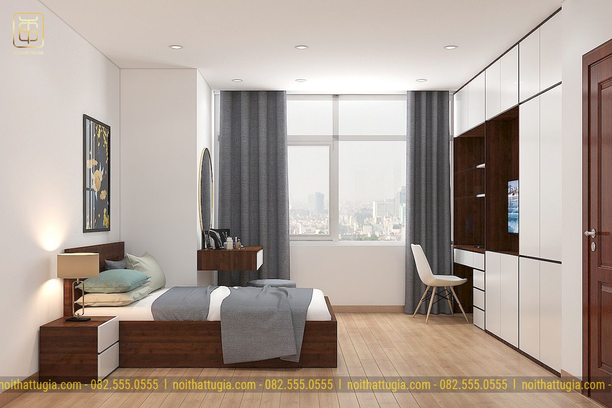 thiết kế nội thất căn hộ 95m2 3 phòng ngủ với phòng ngủ rộng rãi thông thoáng